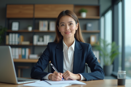 Femme d'affaires en bureau moderne avec documents et ordinateur