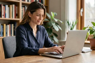 Femme rédigeant un message de contact sur un ordinateur portable dans un bureau à domicile