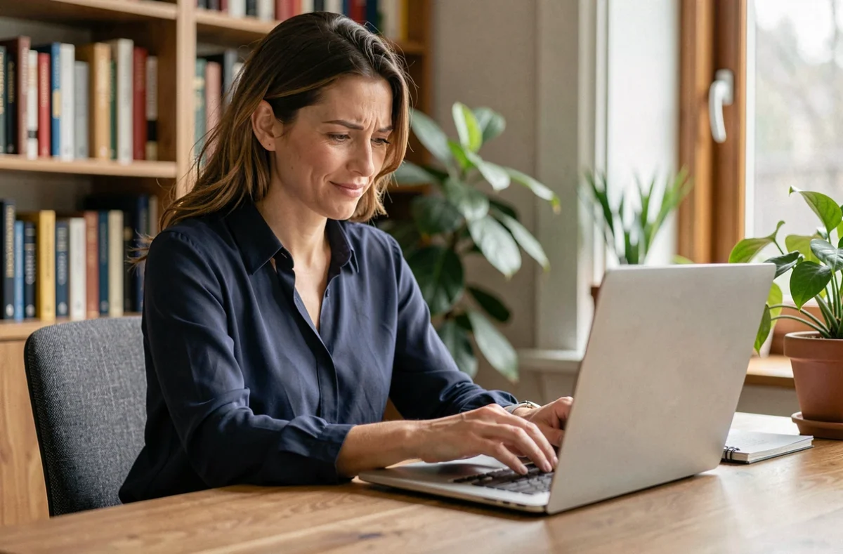 Femme rédigeant un message de contact sur un ordinateur portable dans un bureau à domicile
