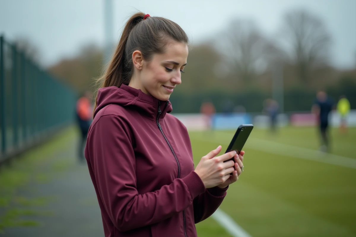 Femme consultant en temps réel les résultats de son club sportif sur son smartphone au bord d'un terrain