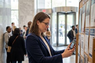 Femme en blazer bleu scannant un QR code en ville