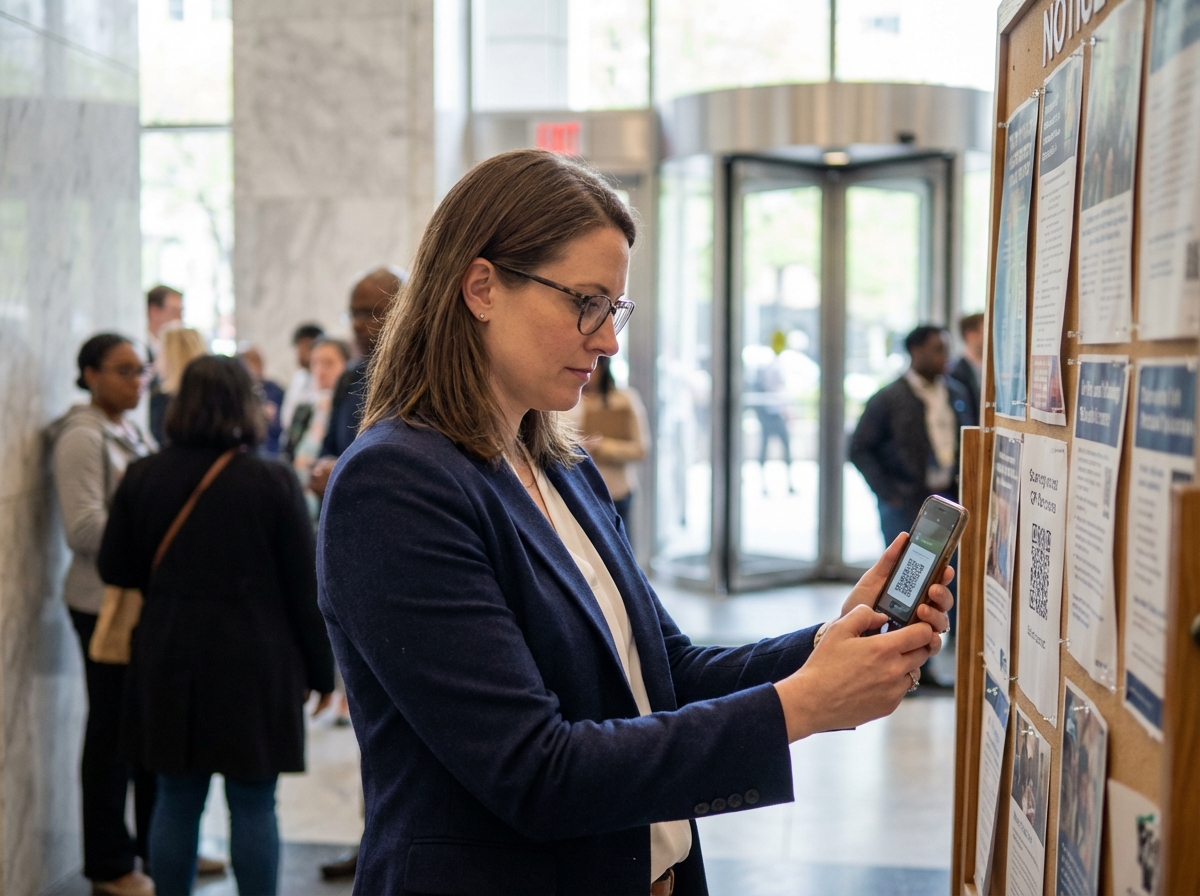 Femme en blazer bleu scannant un QR code en ville