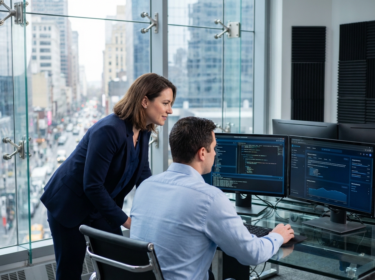 Femme confiante en costume navy consulte rapports cybersécurité