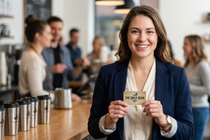 Jeune femme souriante avec carte de fidélité au café