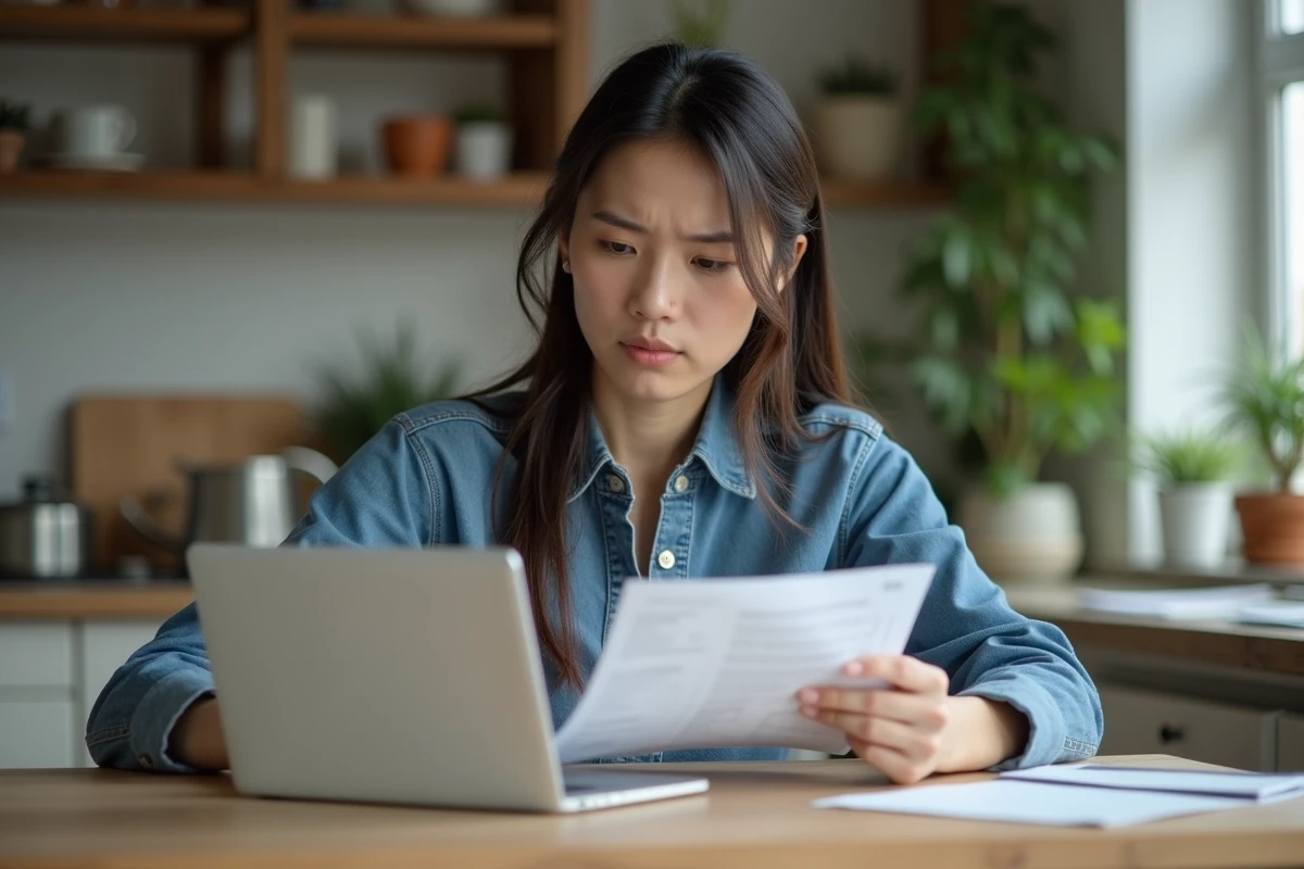 Femme concentrée à la cuisine avec documents et ordinateur