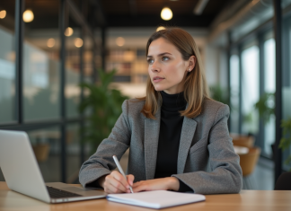 Éthique de l’IA : Comment aborder les défis éthiques du monde numérique ? Femme concentrée travaillant dans un bureau moderne sur le sujet de l'éthique