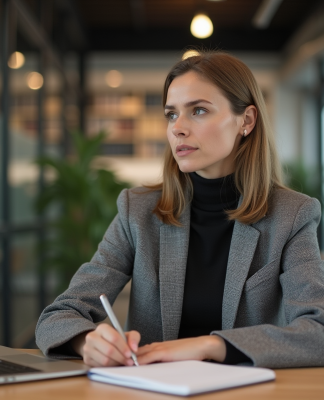 Éthique de l’IA : Comment aborder les défis éthiques du monde numérique ? Femme concentrée travaillant dans un bureau moderne sur le sujet de l'éthique