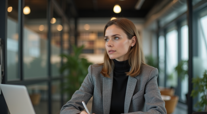 Éthique de l’IA : Comment aborder les défis éthiques du monde numérique ? Femme concentrée travaillant dans un bureau moderne sur le sujet de l'éthique