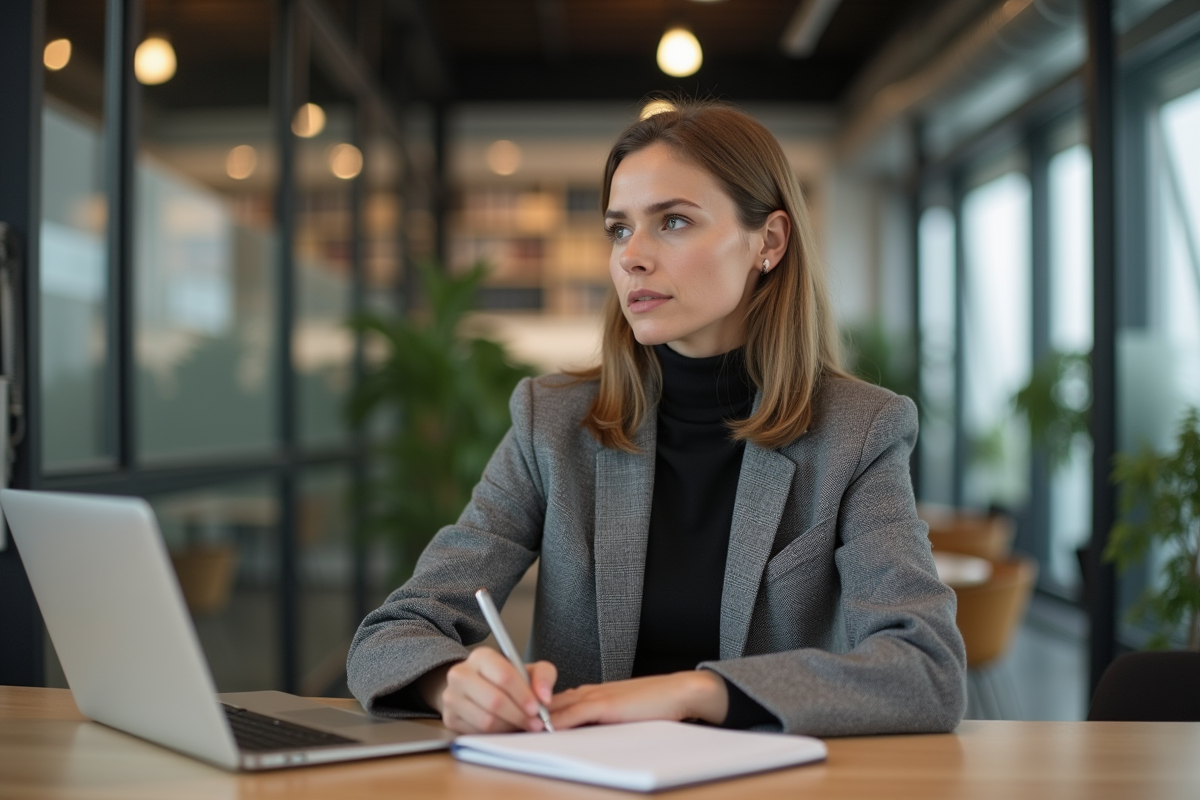 Femme concentrée travaillant dans un bureau moderne sur le sujet de l'éthique
