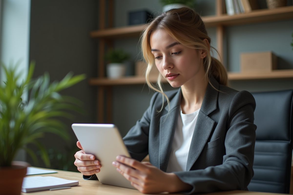 Jeune femme en visioconference avec tablette dans son bureau à domicile