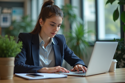 Jeune femme concentrée analysant ses réseaux sociaux au bureau