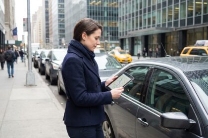 Femme en ville avec tablette et voiture