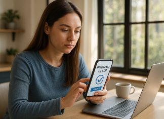 Jeune femme utilisant un smartphone pour une réclamation d'assurance