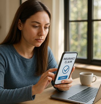 Jeune femme utilisant un smartphone pour une réclamation d'assurance