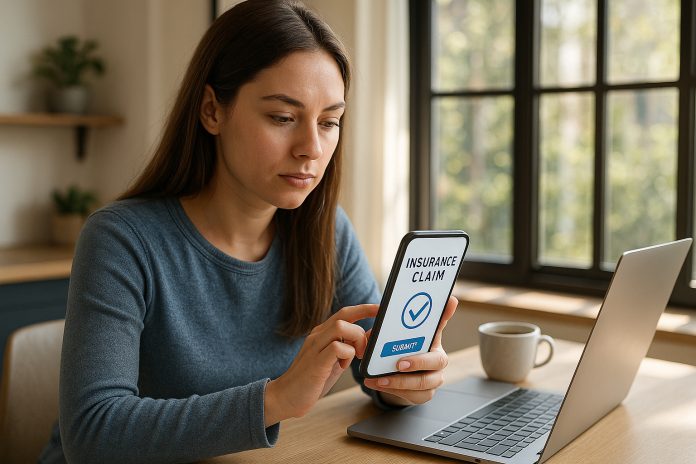 Jeune femme utilisant un smartphone pour une réclamation d'assurance