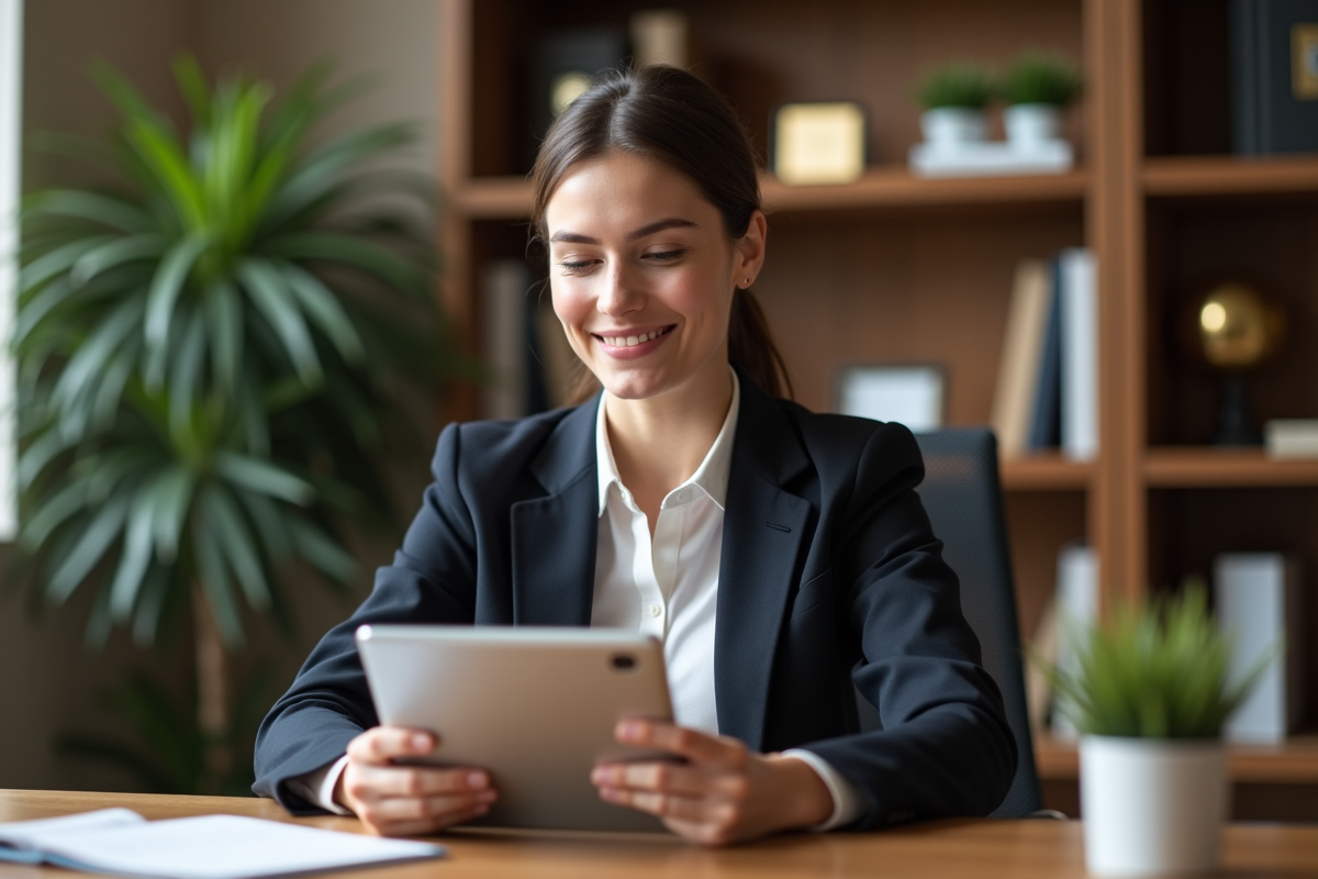 Jeune femme en visioconference dans un bureau cosy