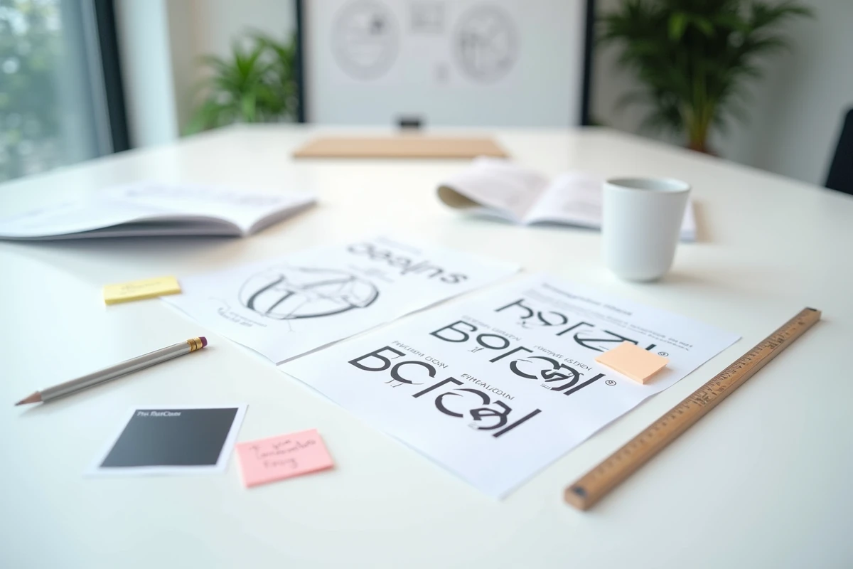 Flat lay de feuilles de comparaison de logos et outils de design graphique sur table blanche en agence
