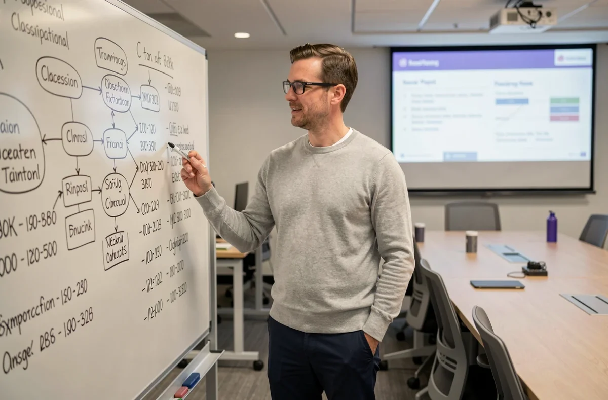 Responsable paie expliquant les codes de catégories socioprofessionnelles sur un tableau blanc lors d'une formation RH