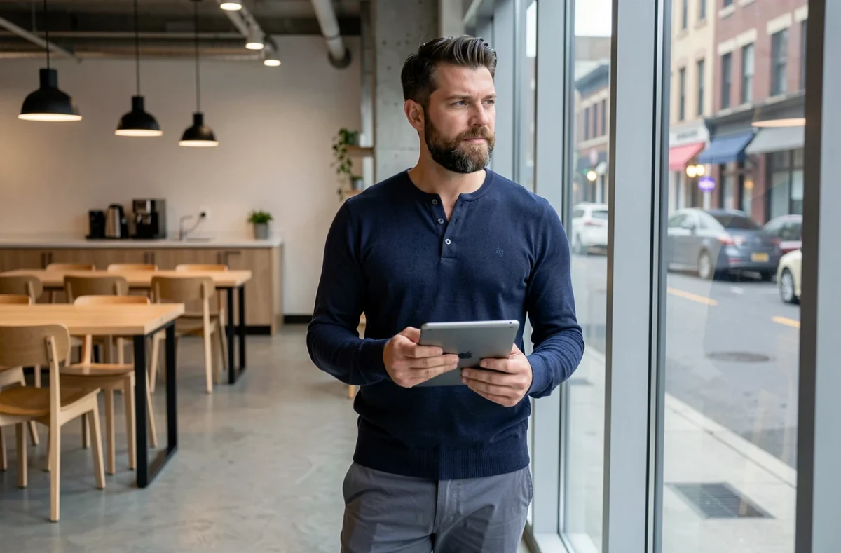 Freelance masculin réfléchissant près d'une fenêtre dans un coworking à Dreux