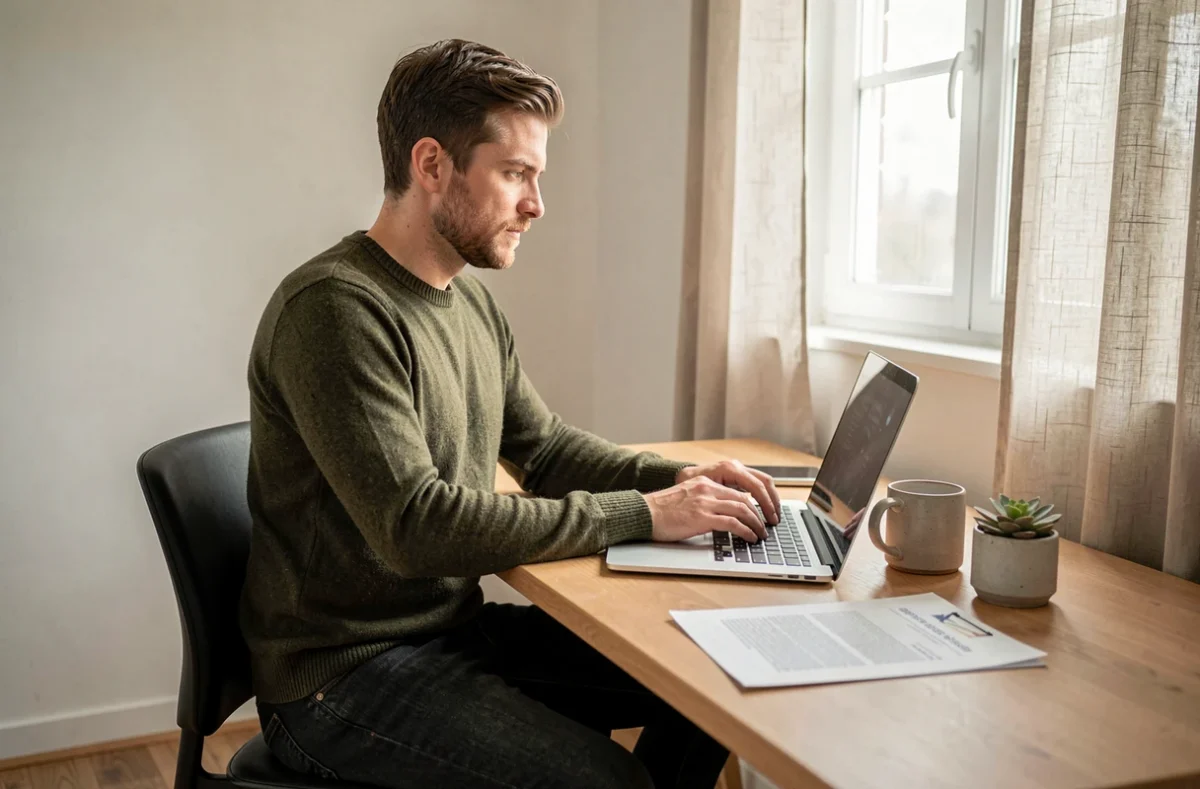 Freelance en télétravail étudiant les modalités de son statut de porté salarial depuis son bureau à domicile