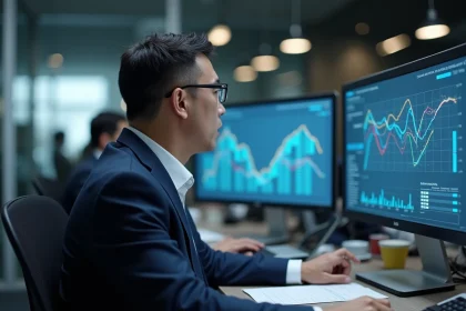 Manager logistique en costume vérifiant un tableau blockchain