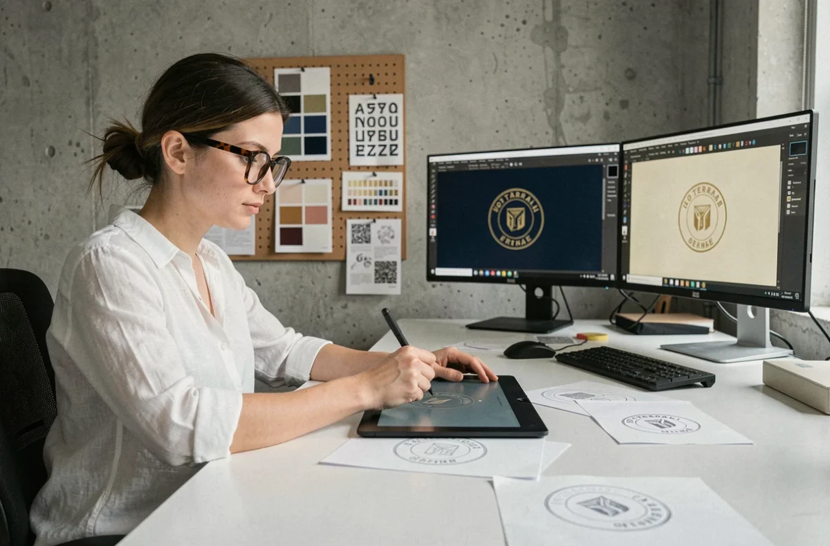 Graphiste féminine travaillant sur des esquisses de logo pour une étude notariale dans un studio de création contemporain
