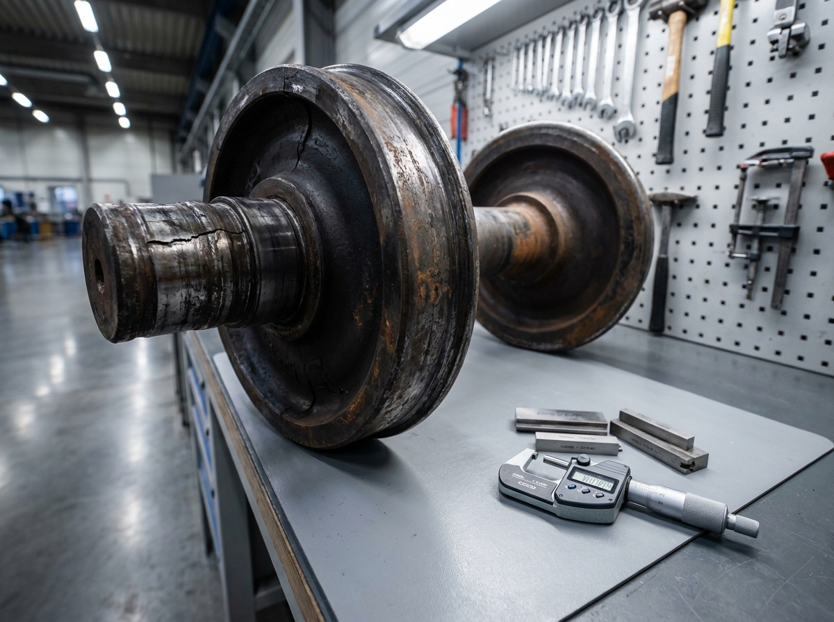 Gros plan sur une roue de train usée et un roulement posés sur un établi d'atelier de maintenance ferroviaire avec des outils de mesure