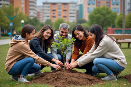 Groupe divers d'adultes plantant des arbres en ville