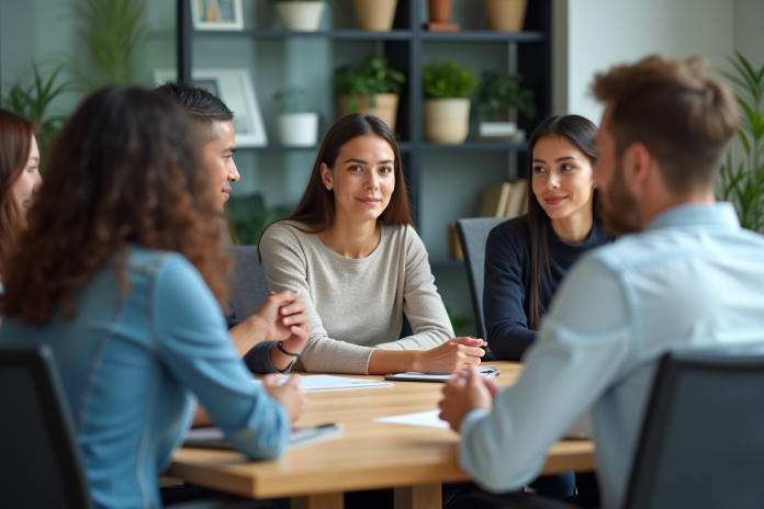 groupe-debateurs-bureau Groupe de professionnels en réunion dans un bureau moderne