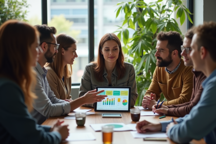 Groupe de personnes discutant autour d'une table dans un bureau écologique