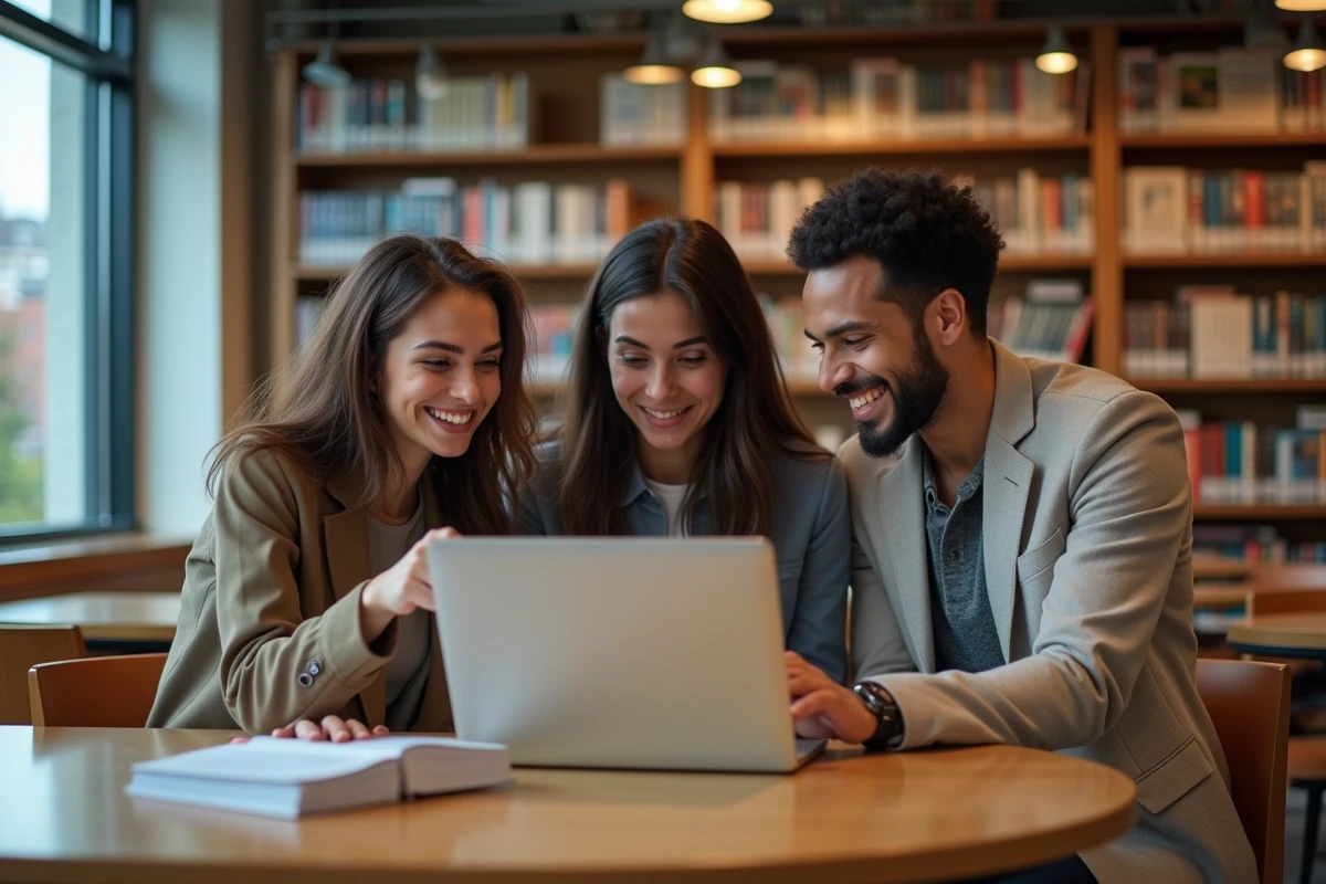 Groupe d'étudiants consultant ensemble des offres de stage et d'alternance sur un ordinateur portable dans une bibliothèque universitaire, symbolisant l'entraide pour trouver un emploi en 2026