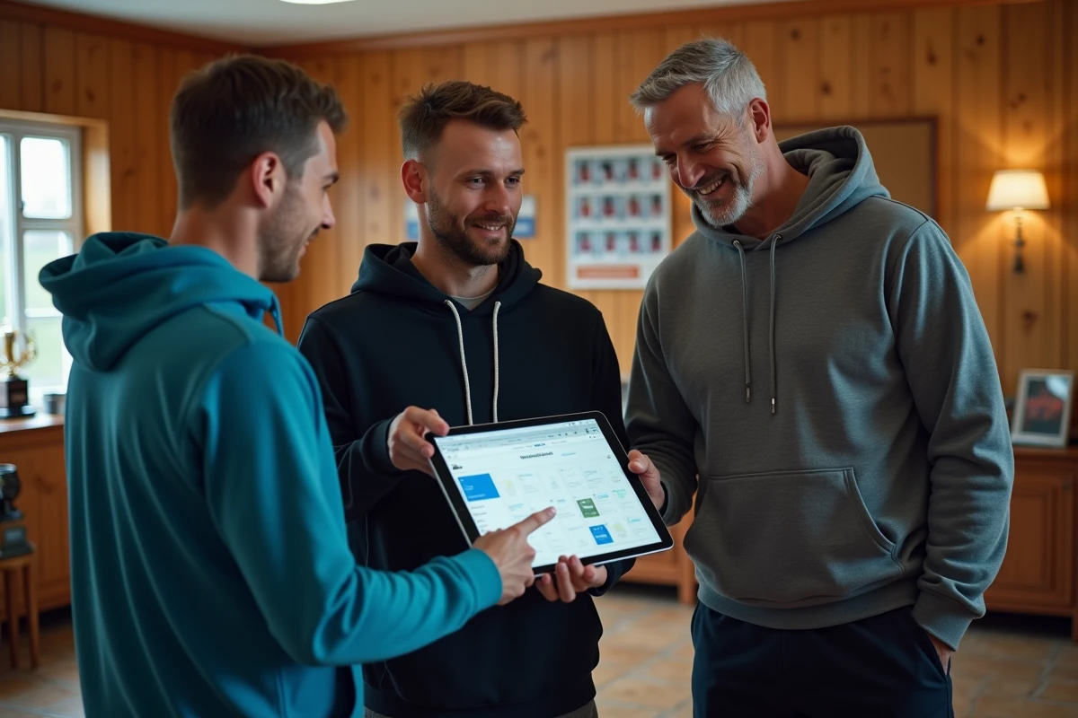 Groupe de membres d'un club sportif consultant ensemble le planning sur un extranet via une tablette dans le vestiaire