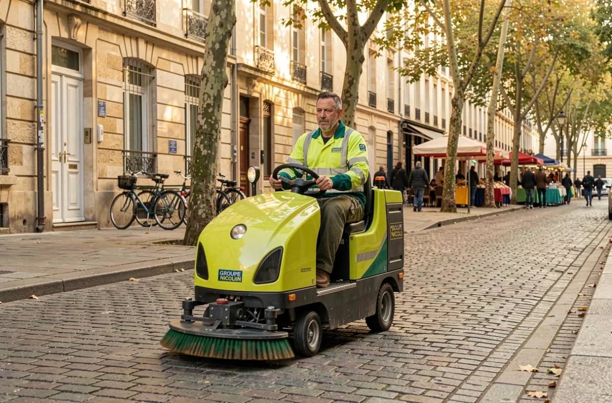 Chauffeur Groupe Nicollin conduisant une balayeuse dans une rue pavée de Bordeaux