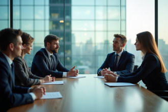 Groupe de professionnels en réunion dans un bureau moderne