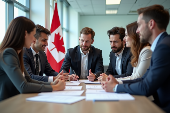 groupe-professionnels-office-canada Groupe de professionnels dans un bureau moderne au Canada