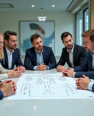 Plan transversal : comprendre son importance et ses applications en entreprise Groupe de professionnels discutant autour d'un organigramme