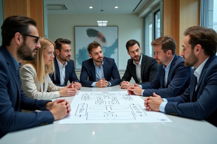 Groupe de professionnels discutant autour d'un organigramme