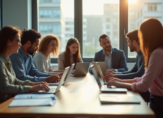 Groupe de jeunes professionnels en réunion collaborative