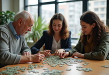 Trois personnes assemblant un puzzle en matériaux recyclés