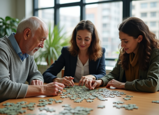 Durabilité : trois dimensions et interactions Trois personnes assemblant un puzzle en matériaux recyclés