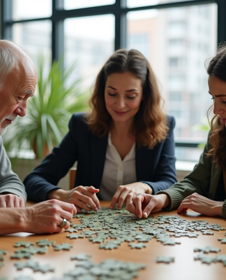 Durabilité : trois dimensions et interactions Trois personnes assemblant un puzzle en matériaux recyclés