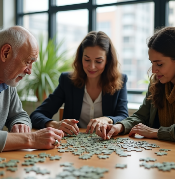Trois personnes assemblant un puzzle en matériaux recyclés