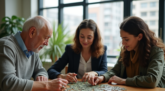 Durabilité : trois dimensions et interactions Trois personnes assemblant un puzzle en matériaux recyclés