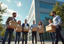 Groupe de salariés dehors avec cartons en licenciement