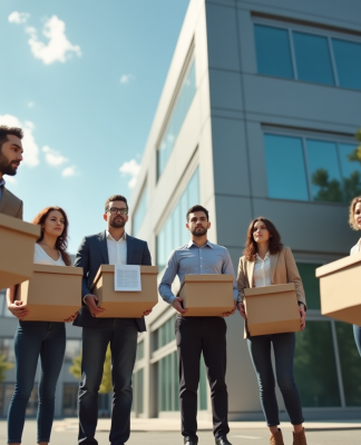 Groupe de salariés dehors avec cartons en licenciement
