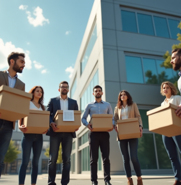 Entreprise : fermeture définitive, quelles conséquences pour les salariés ? Groupe de salariés dehors avec cartons en licenciement
