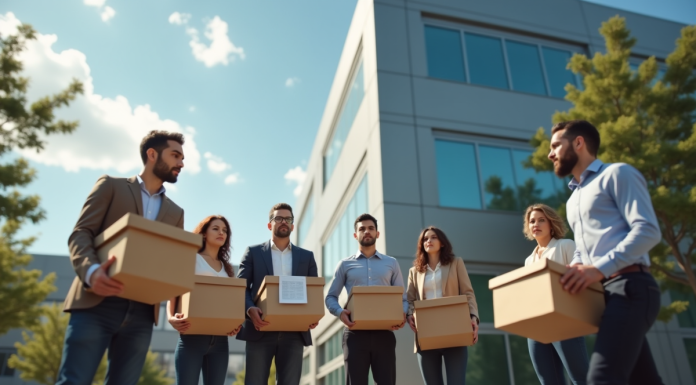 Groupe de salariés dehors avec cartons en licenciement