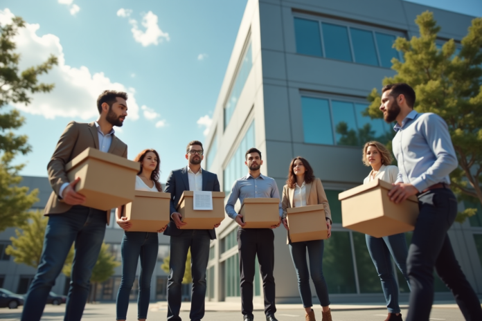 Groupe de salariés dehors avec cartons en licenciement
