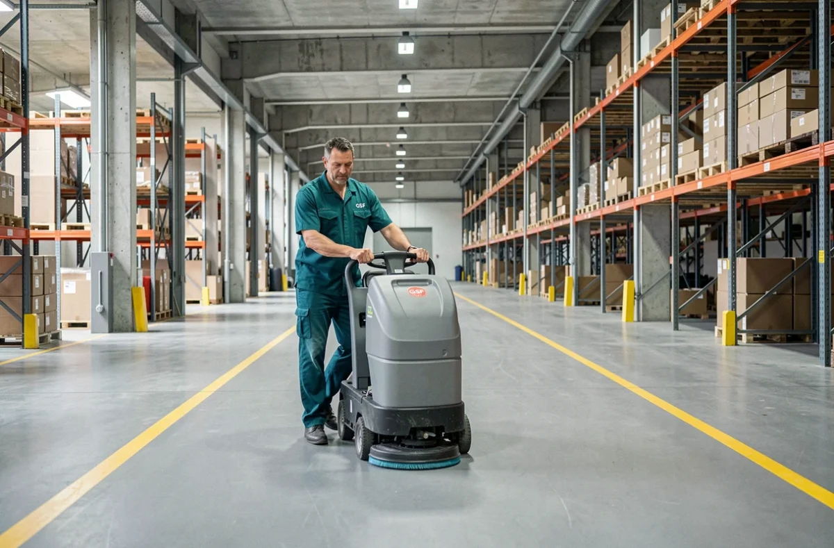 Technicien GSF Propreté utilisant une autolaveuse dans un entrepôt logistique en Gironde