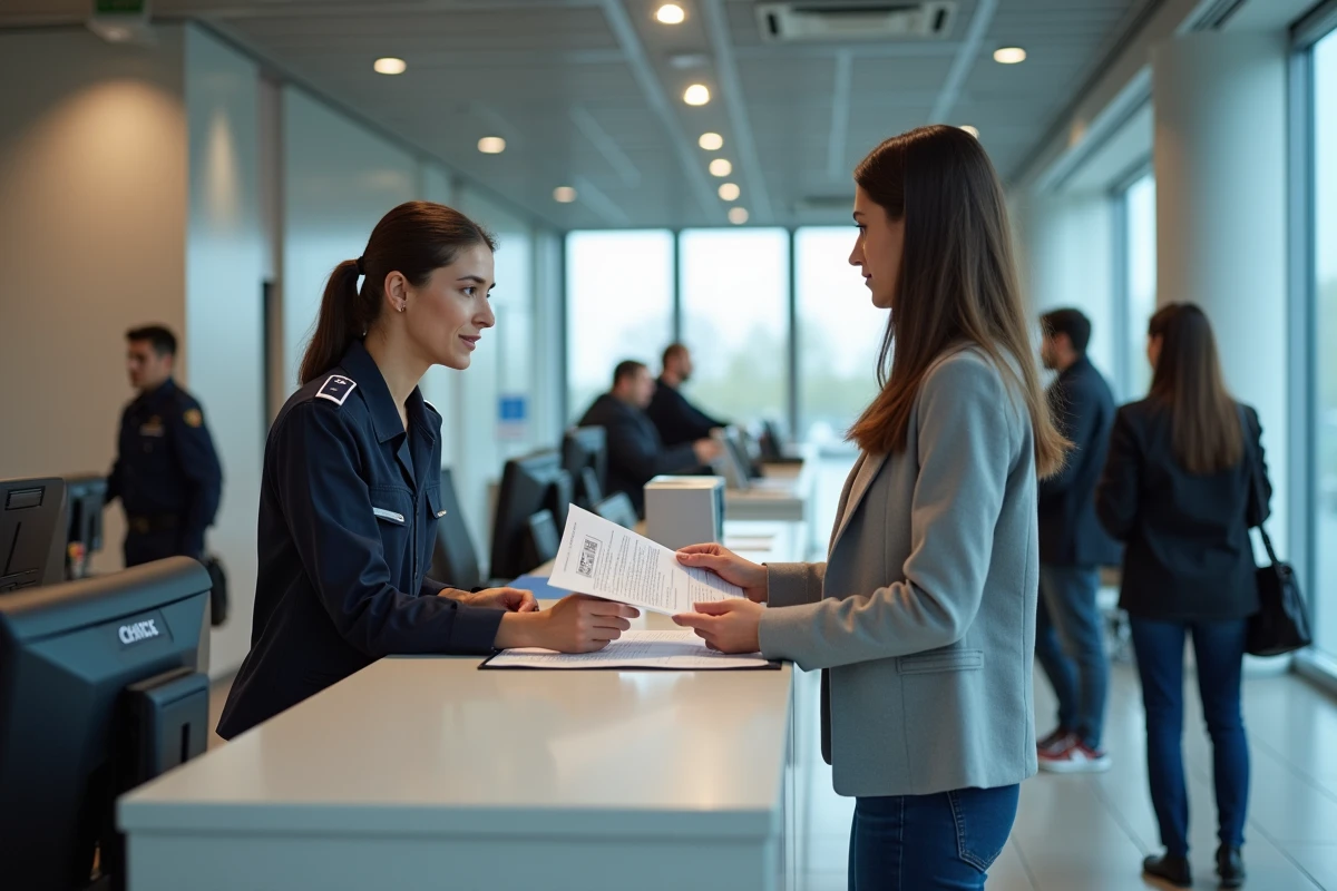 Une femme déposant des documents au guichet d'accueil du SGC Calais